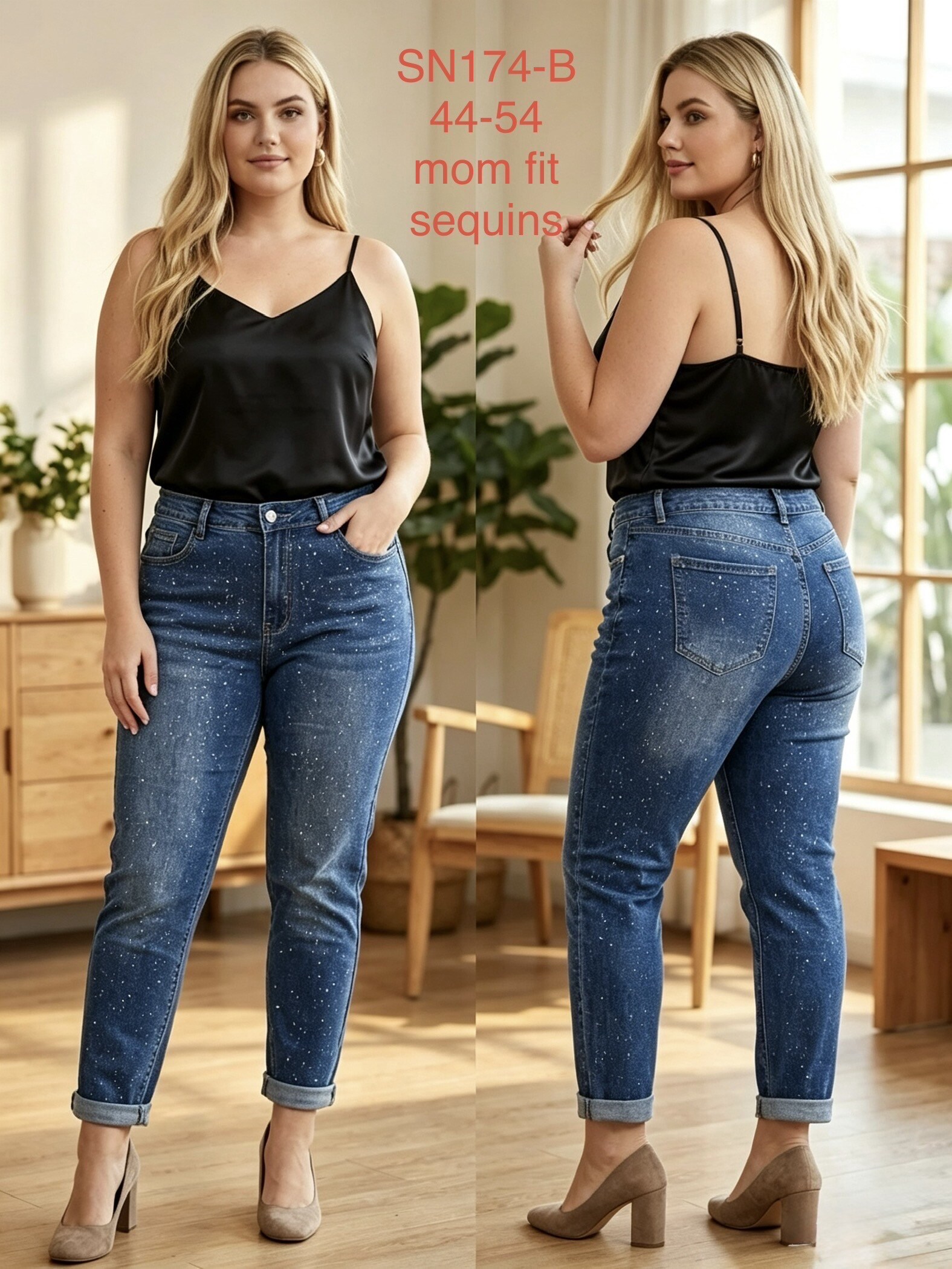 Wholesaler G-Smack - Blue mom fit jeans with silver sequins in super size
