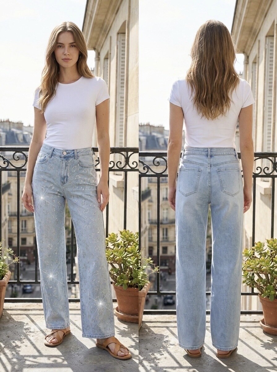 Großhändler G-Smack - Blaue Wide-Leg-Jeans mit Strasssteinen vorne und Leopardenmuster in großen Größen