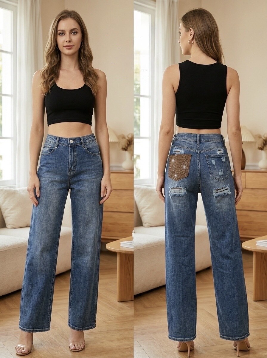 Grossiste G-Smack - Jeans wide leg avec strass en grande taille