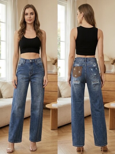 Grossista G-Smack - jeans a gamba larga con strass in taglie forti Grossista G-Smack - jeans a gamba larga con strass in taglie forti