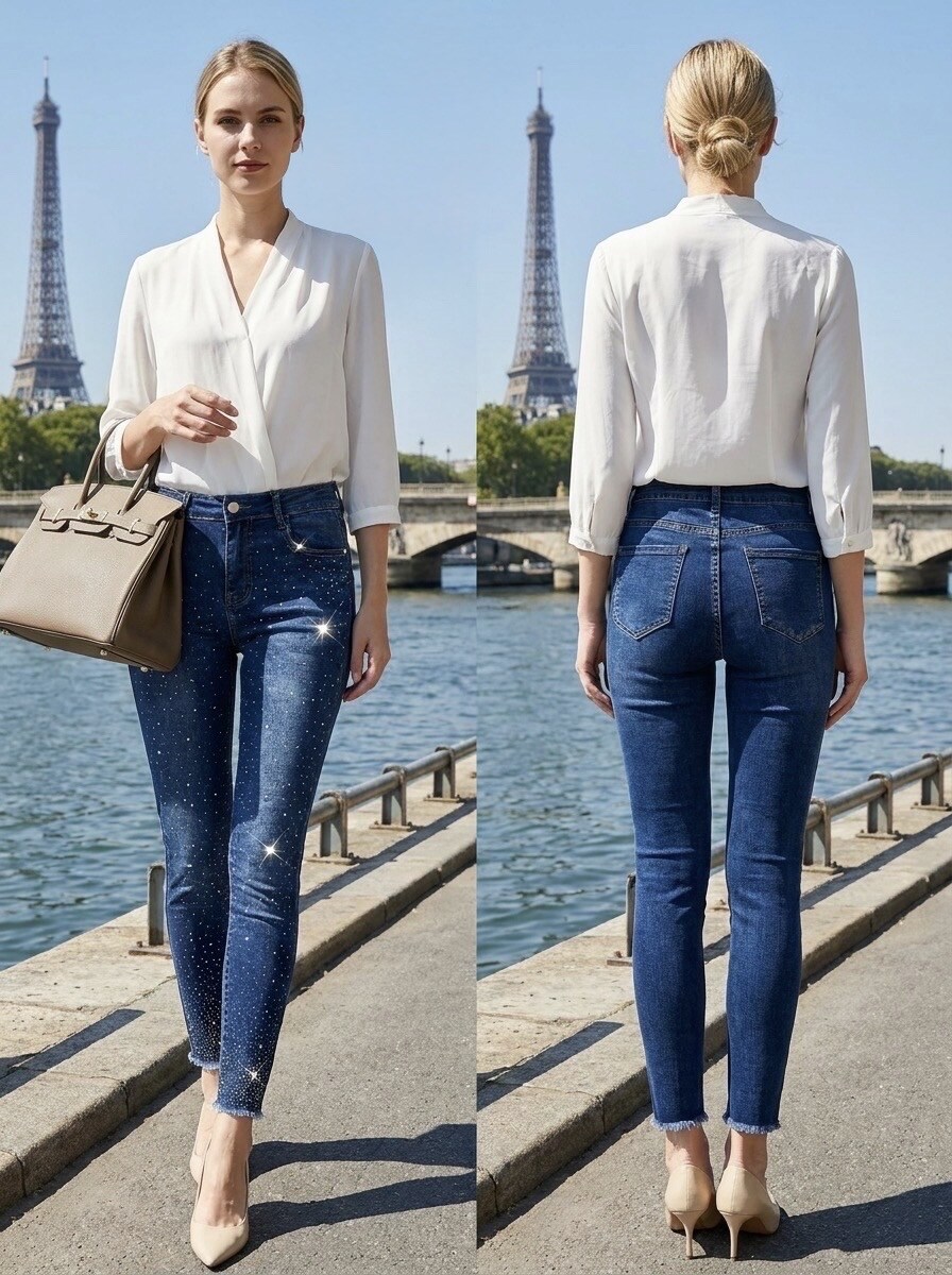 Grossiste G-Smack - Jeans slim bleu en 7/8 avec strass en grande taille