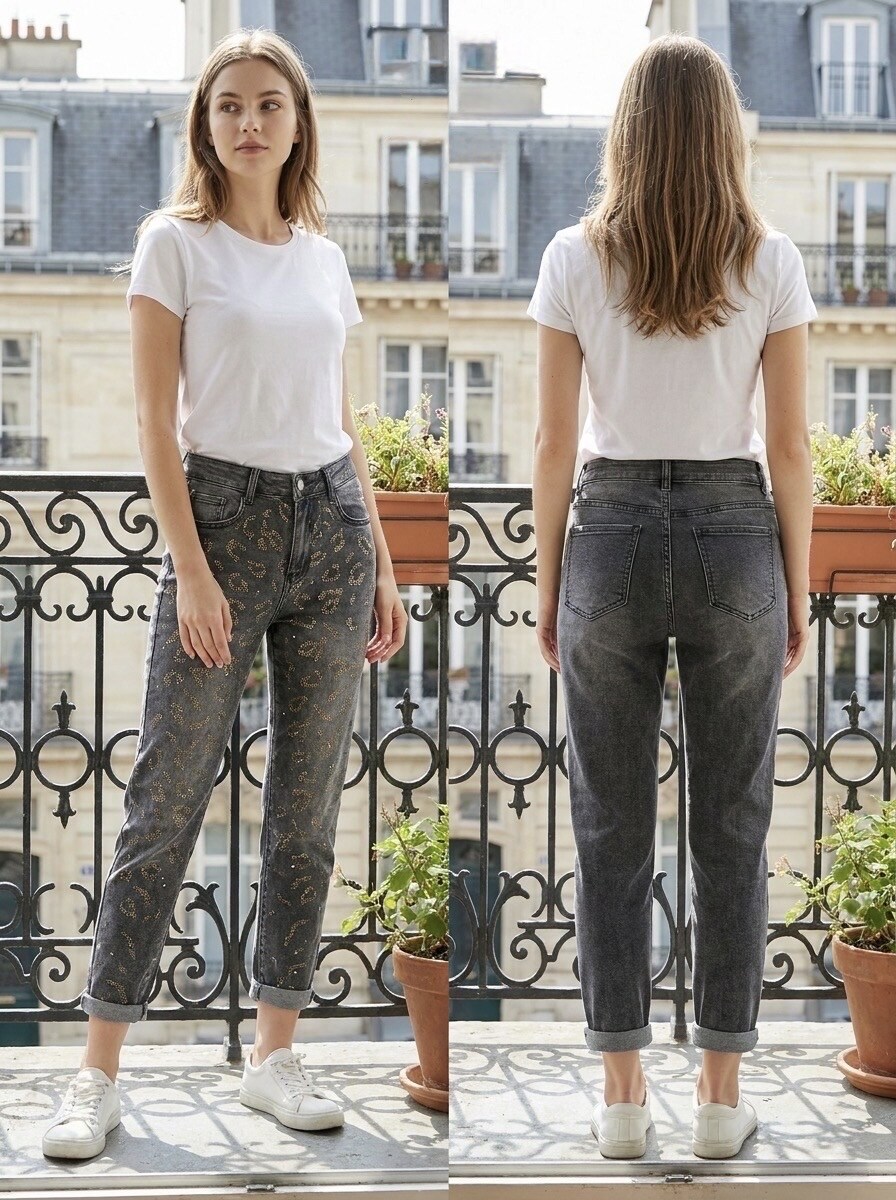 Wholesaler G-Smack - Grey mom fit jeans with leopard print rhinestones in plus size