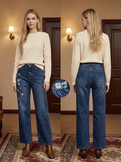 Grossista G-Smack - jeans blu a gamba larga ricamati in taglia grande Grossista G-Smack - jeans blu a gamba larga ricamati in taglia grande