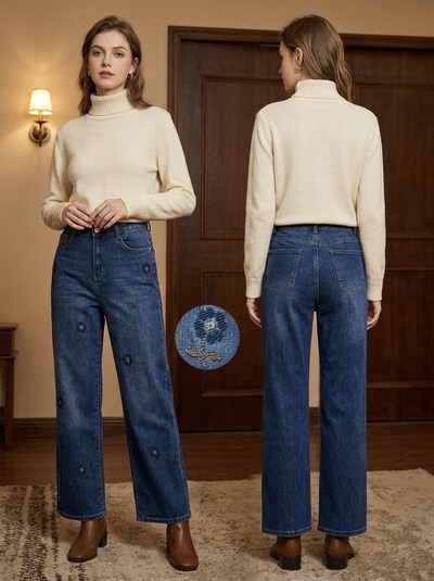 Grossista G-Smack - jeans blu a gamba larga ricamati taglia grande Grossista G-Smack - jeans blu a gamba larga ricamati taglia grande
