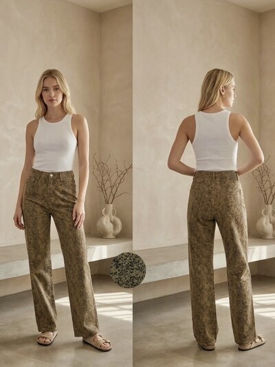 Grossista G-Smack - jeans camel a gamba larga effetto maculato in taglia grande Grossista G-Smack - jeans camel a gamba larga effetto maculato in taglia grande