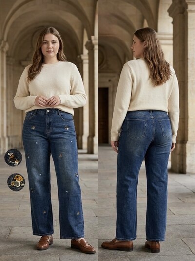 Grossista G-Smack - jeans a gamba larga blu ricamati con strass in taglia super Grossista G-Smack - jeans a gamba larga blu ricamati con strass in taglia super