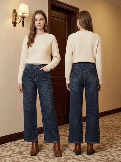 Grossista G-Smack - jeans blu a gamba larga con stampa leopardata in taglia grande Grossista G-Smack - jeans blu a gamba larga con stampa leopardata in taglia grande