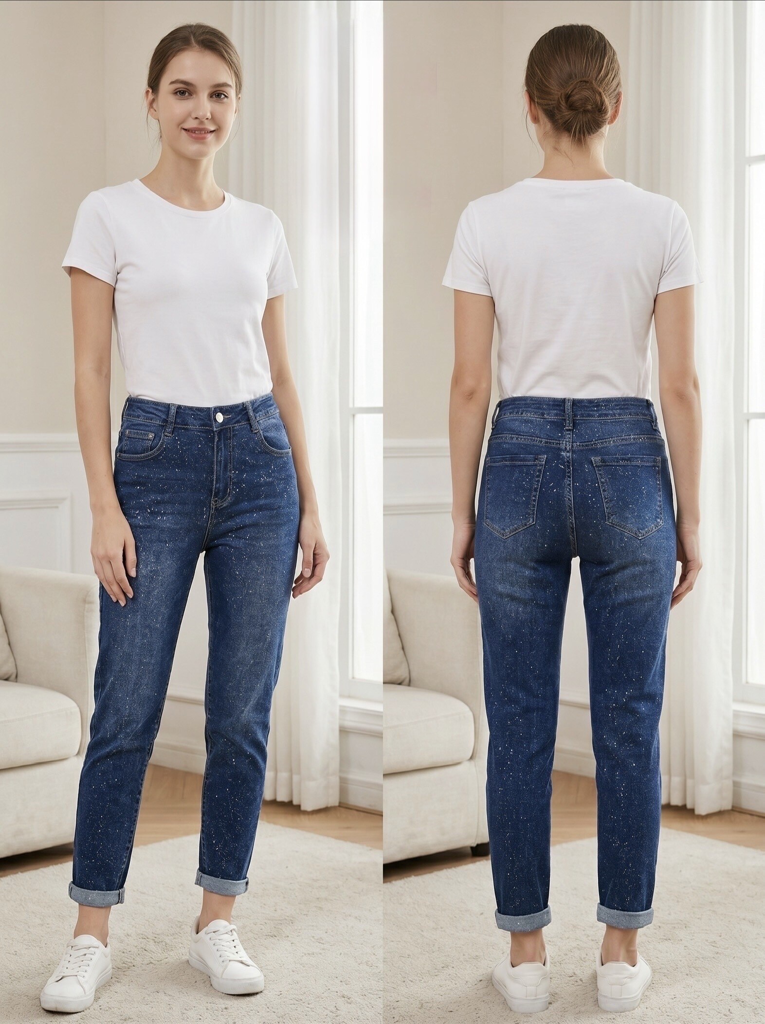 Wholesaler G-Smack - Blue mom fit jeans with silver sequins in plus size