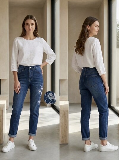 Grossista G-Smack - jeans mom fit blu ricamati con strass in taglia grande Grossista G-Smack - jeans mom fit blu ricamati con strass in taglia grande