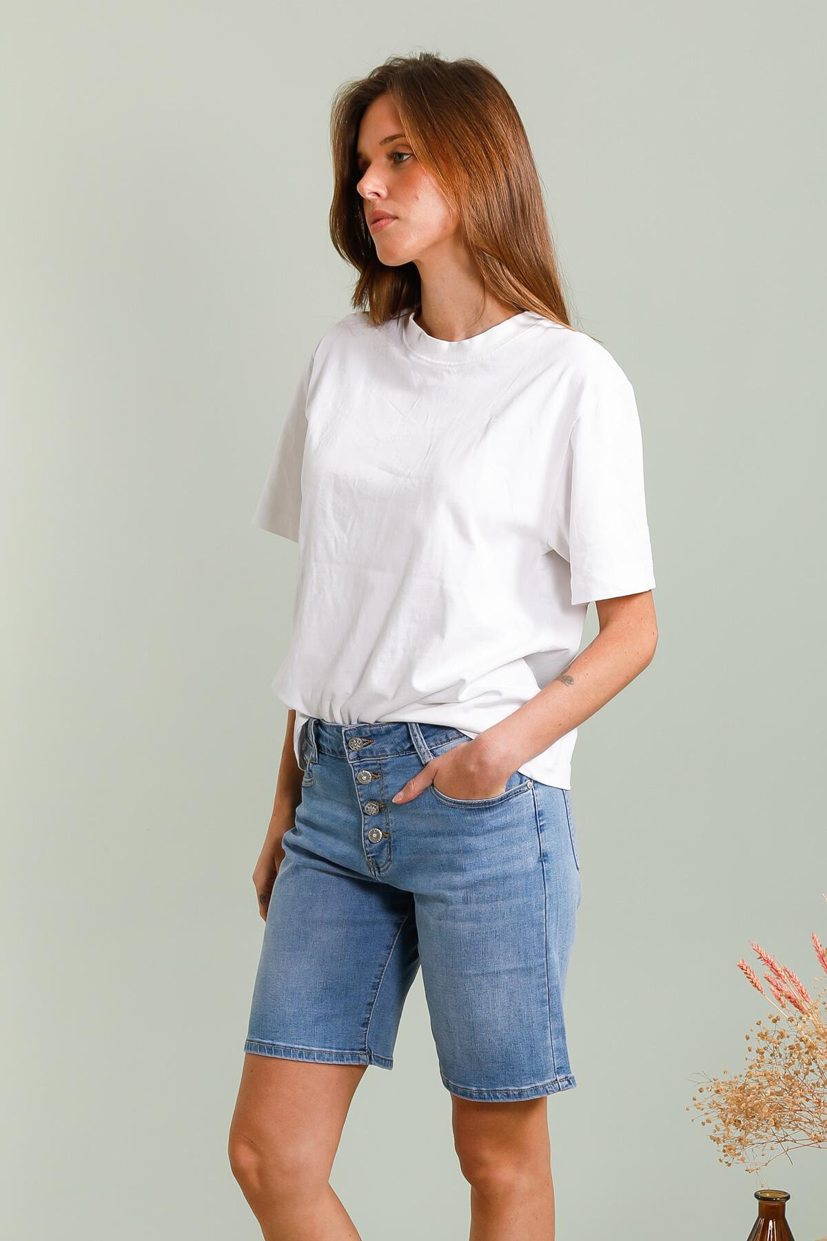 Grossiste G-Smack - bermuda bleu boutonné en grande taille