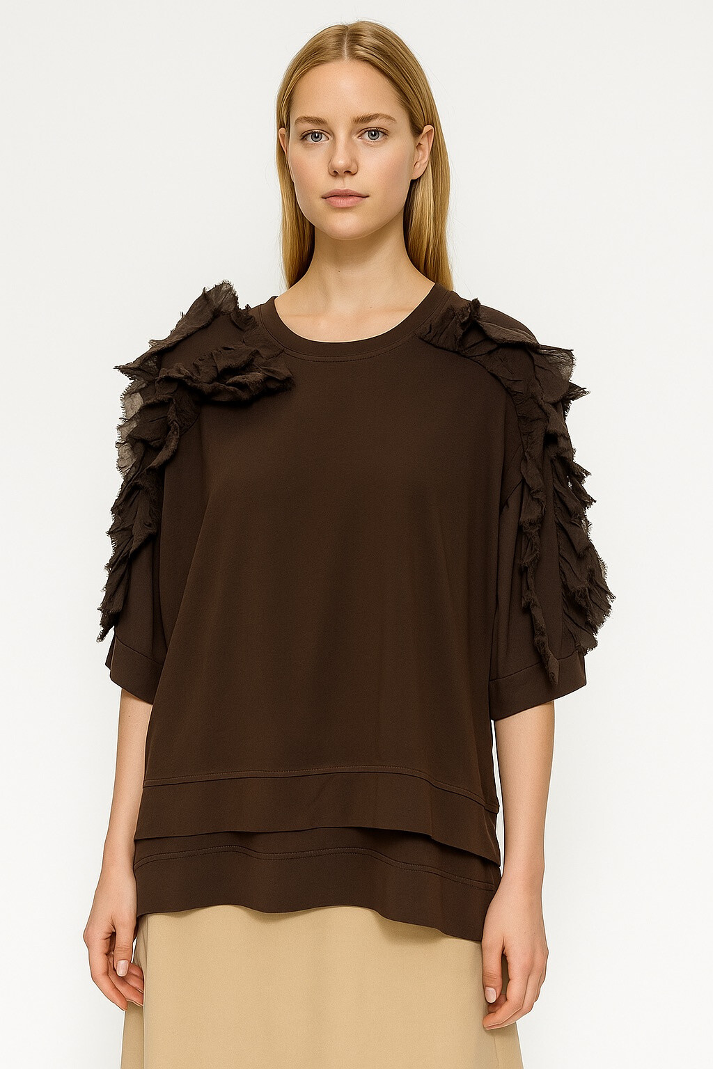 Mayorista Garçonne - Camiseta de manga corta con cuello redondo y volantes