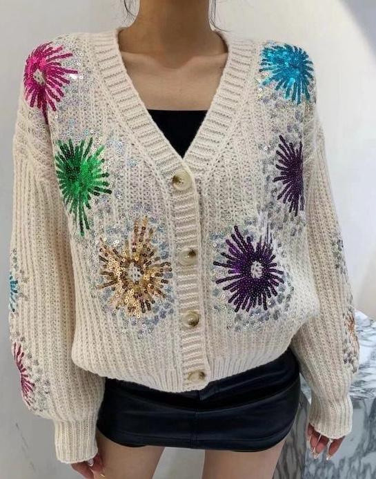 Wholesaler Goldendays - Knitted Cardigan with Floral Patterns in Multicolored Sequins