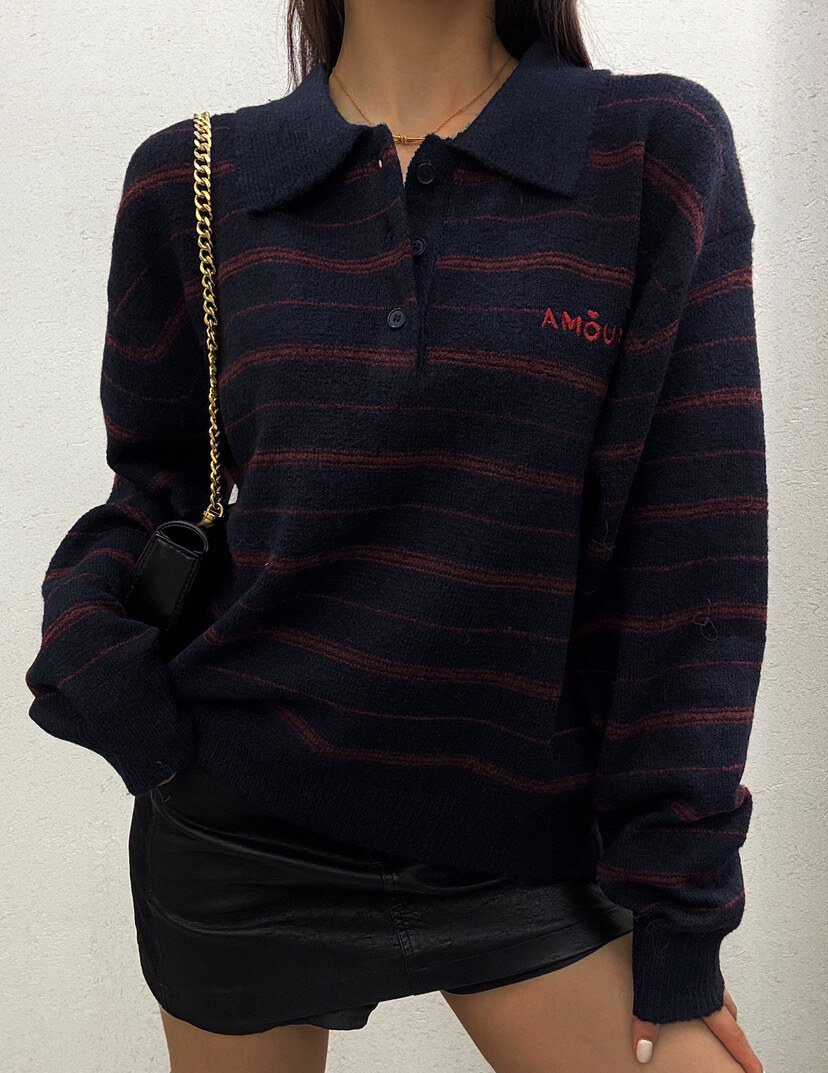 Großhändler GD Golden Days - Streifen Pullover Polo -Kragen mit „Liebe“ -Frostern