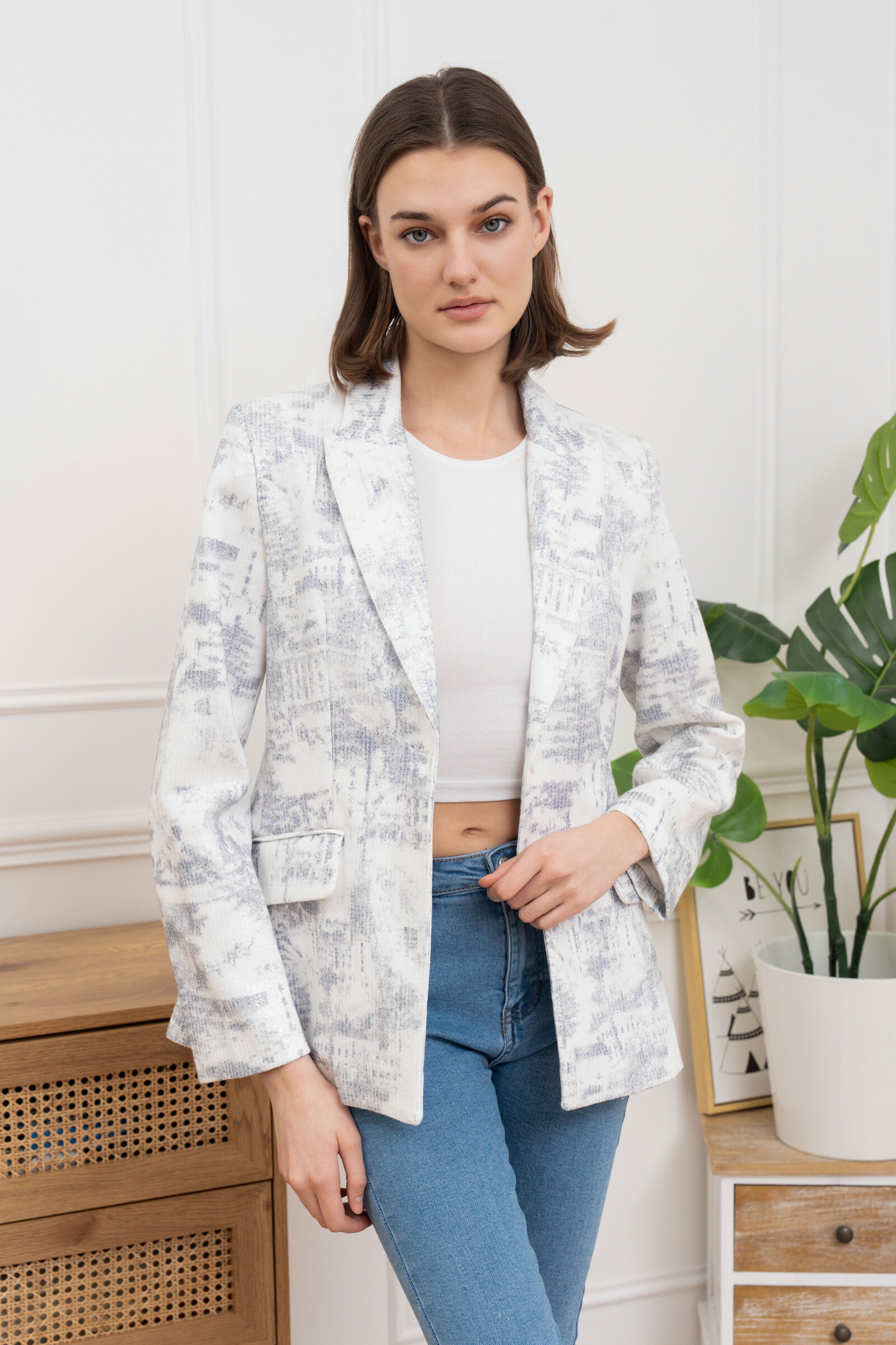 Grossista GD Golden Days - Blazer Straight White con motivi testurizzati a grigio blu effetto spazzolato
