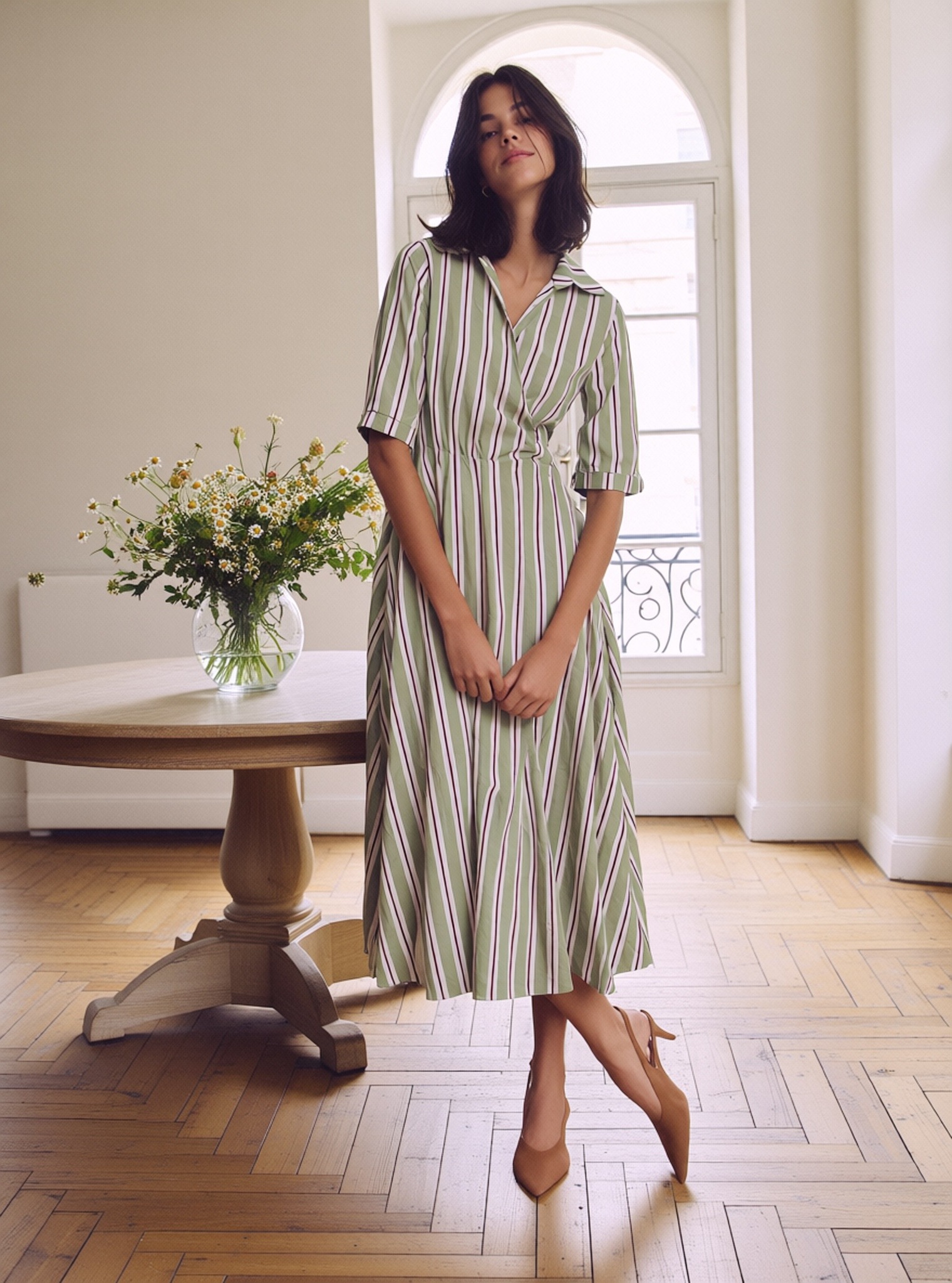 Wholesaler Genèse - Elegant midi dress with vertical stripes