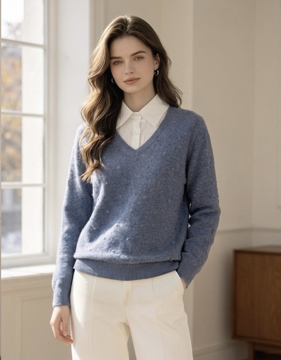 Wholesaler Giada - Long-sleeve top with an integrated shirt collar layered over a V-neck