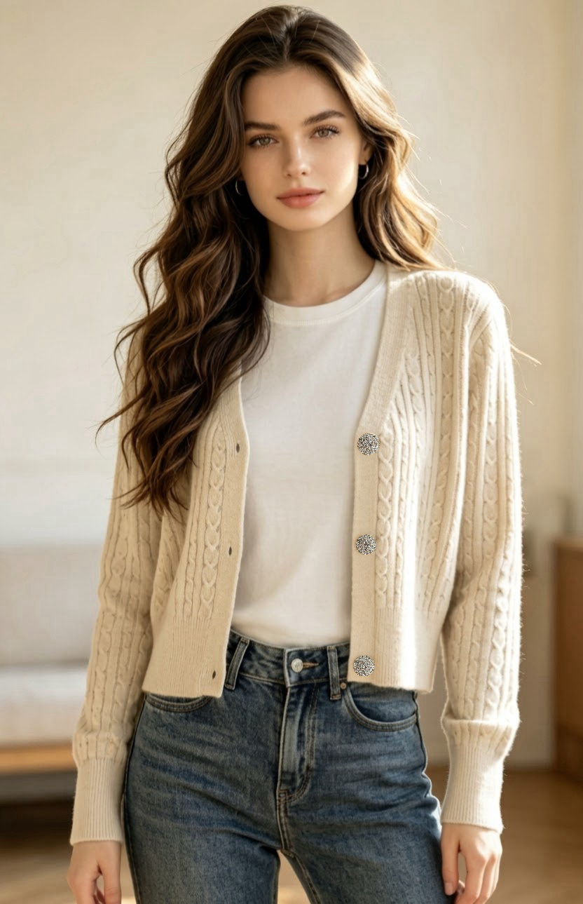 Wholesaler Giada - Cable Knit Cropped Cardigan with Jewel Buttons