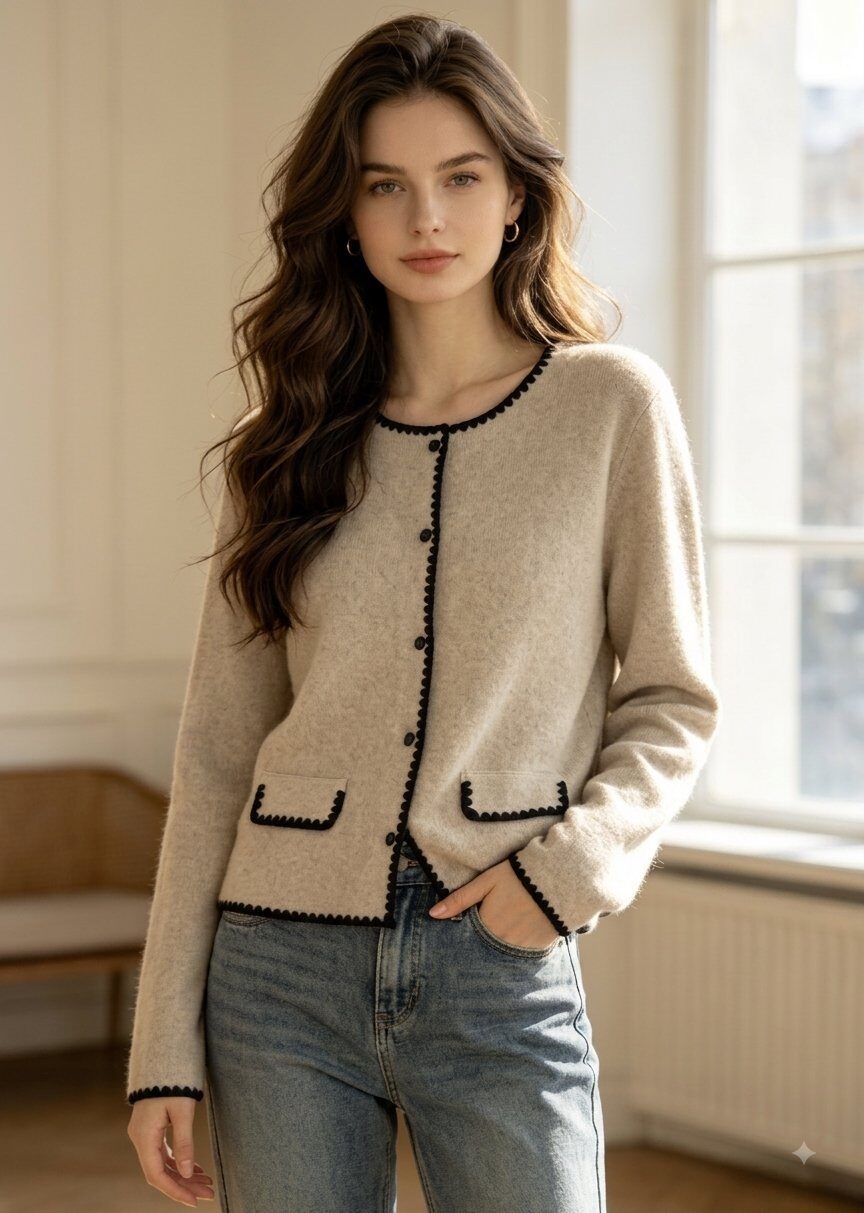 Grossiste Giada - Veste cardigan en maille style bon ton avec bordure contrastée