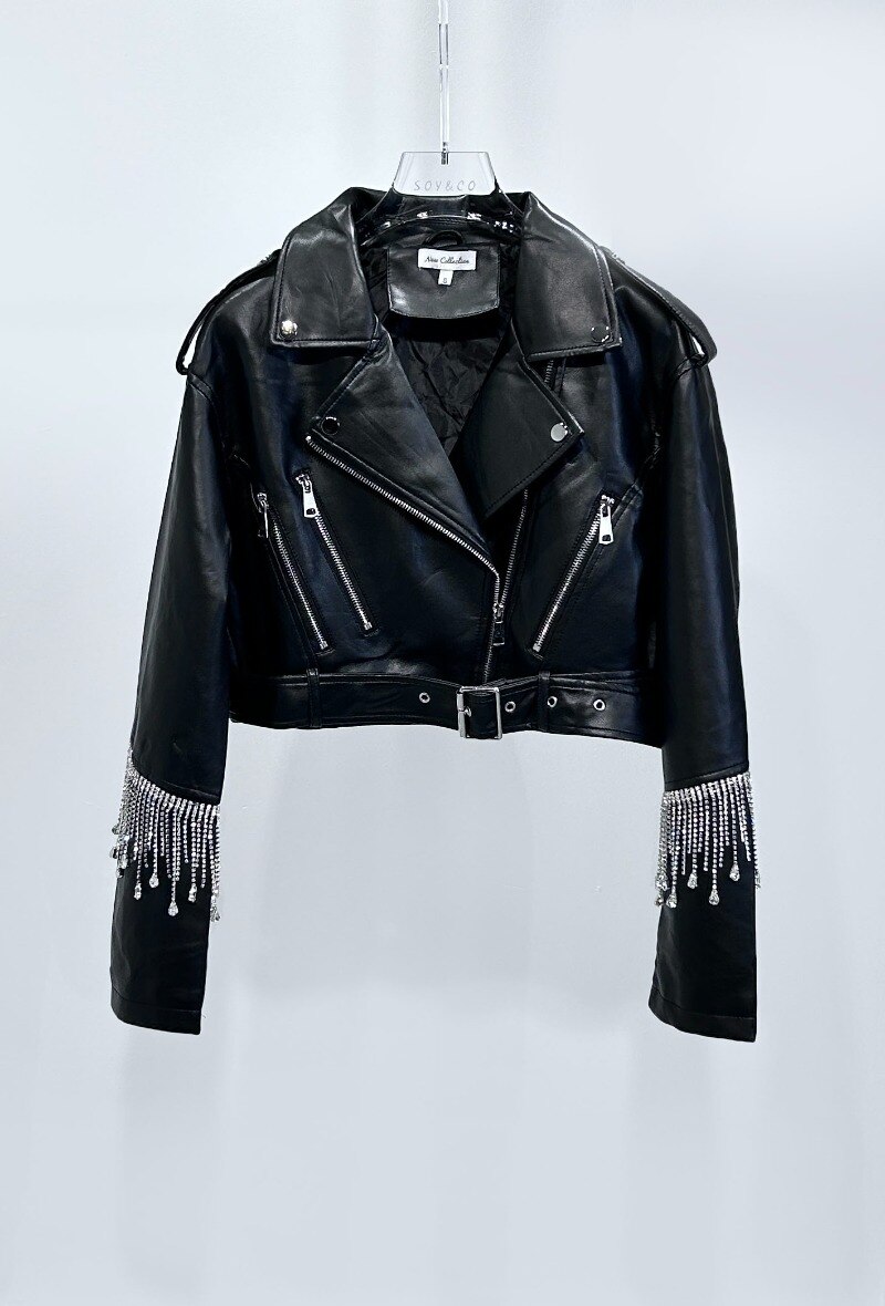 Wholesaler Giorgia - Faux leather jacket with rhinestone fringe