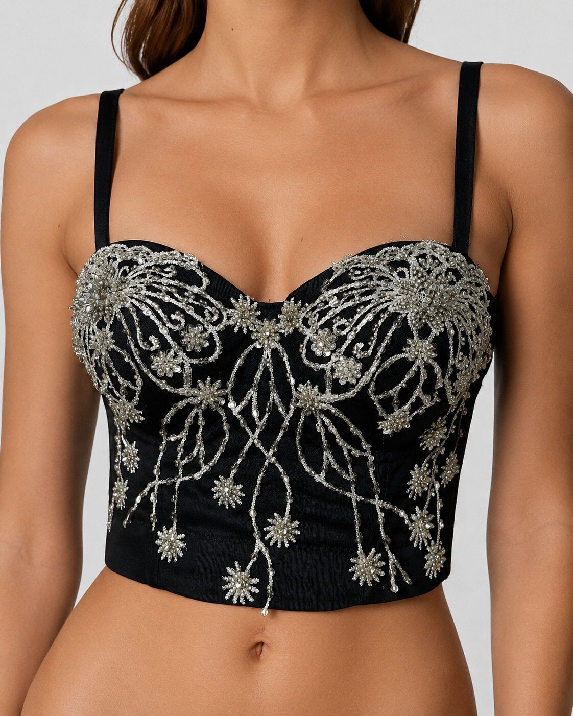 Grossiste Giorgia - Top corset noir à bretelles et broderie de strass : bustier court et scintillant