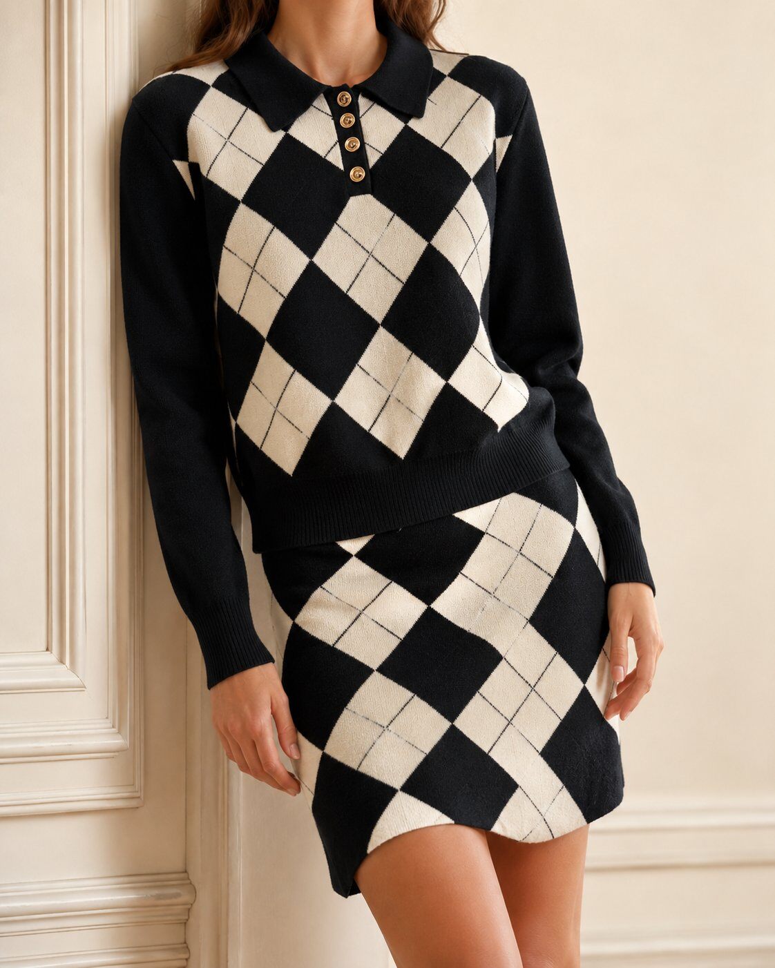 Grossiste Giorgia - Ensemble 2 pièces en maille motif argyle : pull col polo et jupe courte