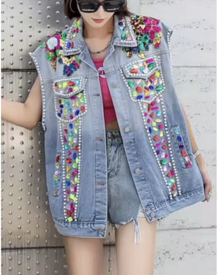 Grossista Soy & Co - gilet di jeans blu con dettagli gioiello