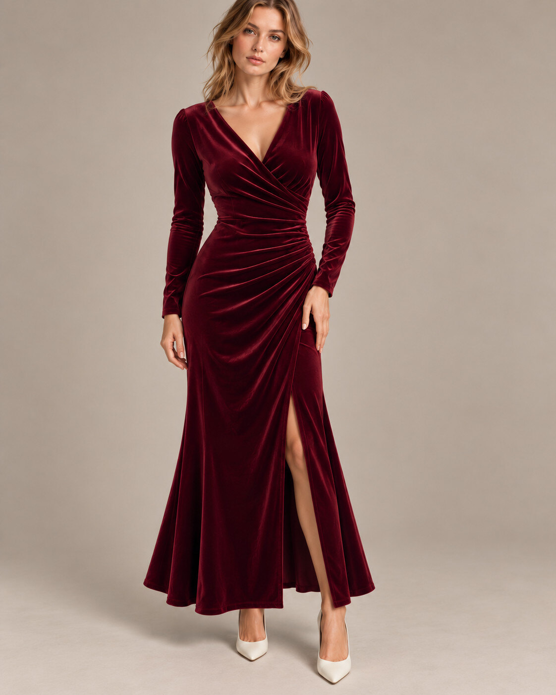 Grossiste Giorgia - Robe longue en velours drapée à col en V et fente
