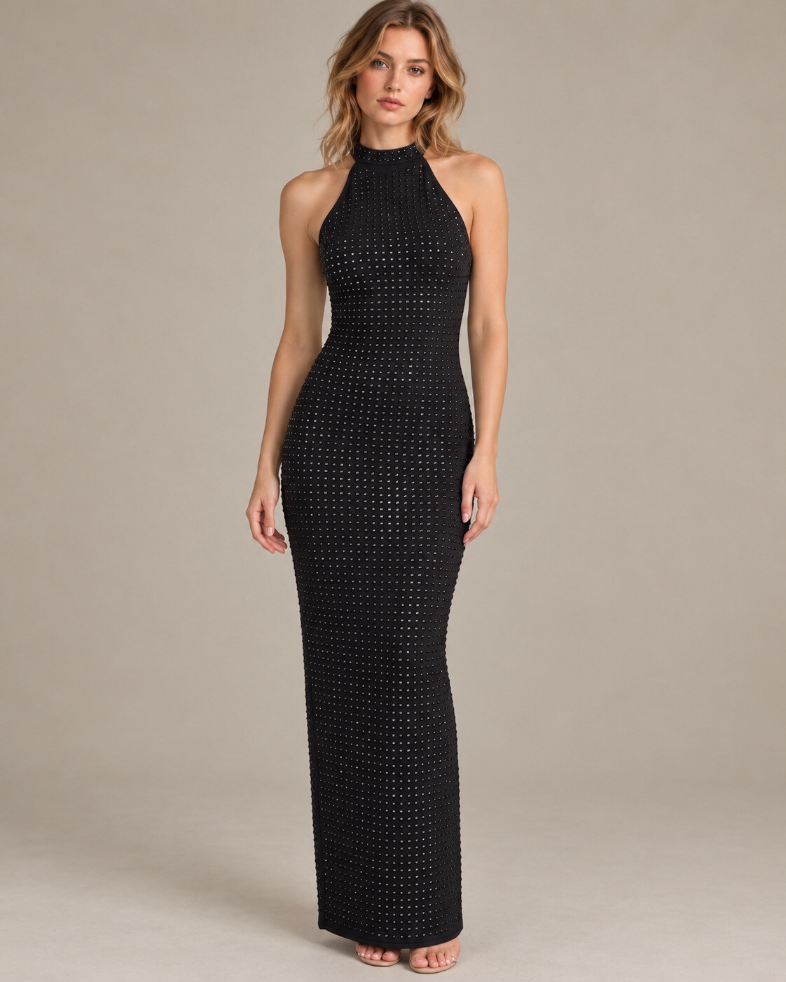 Grossiste Giorgia - Robe longue moulante col licou ornée de strass