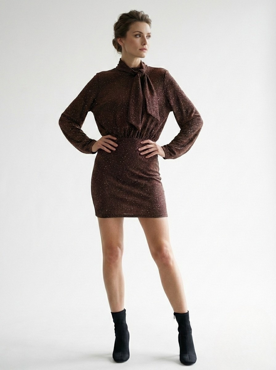 Wholesaler Giorgia - Tie-Neck Sheath Dress in Shiny Knit