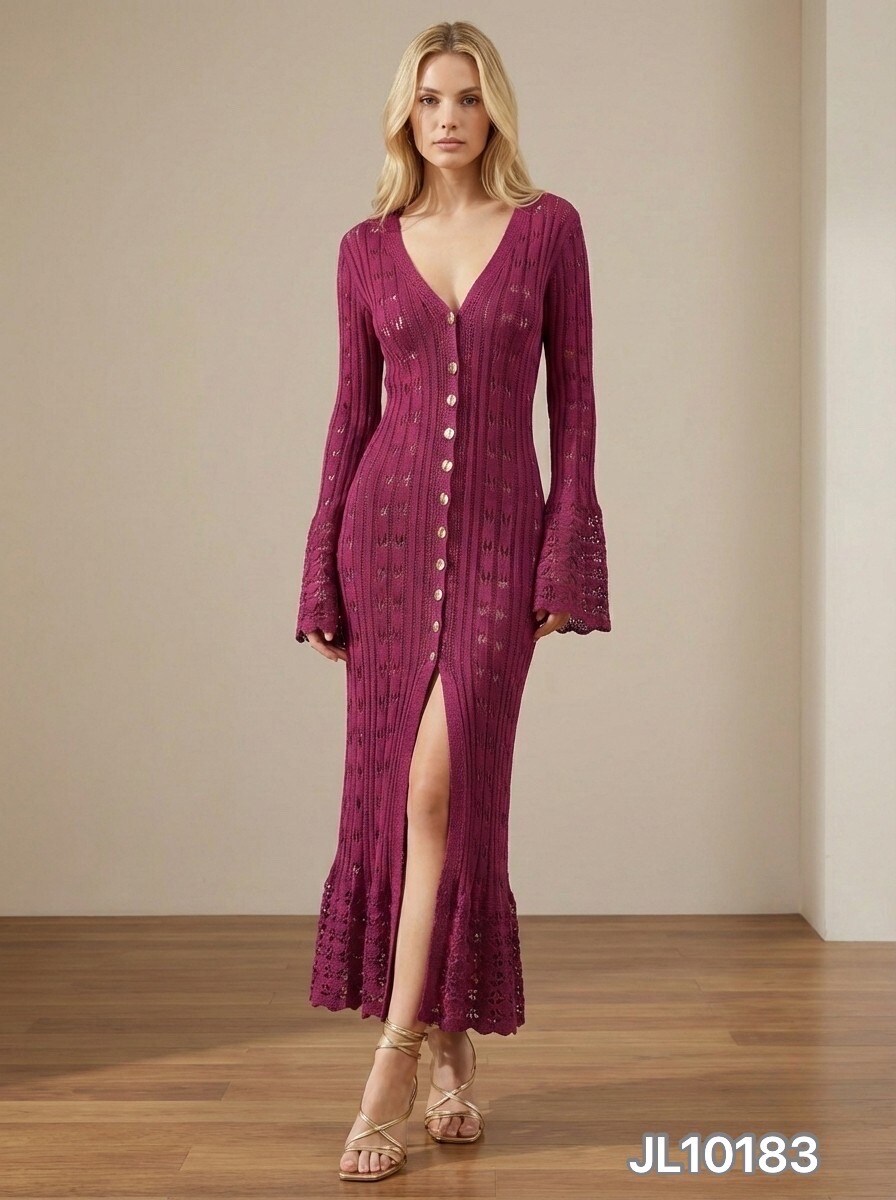 Großhändler Giorgia - Tailliertes Häkelstrickkleid mit V-Ausschnitt