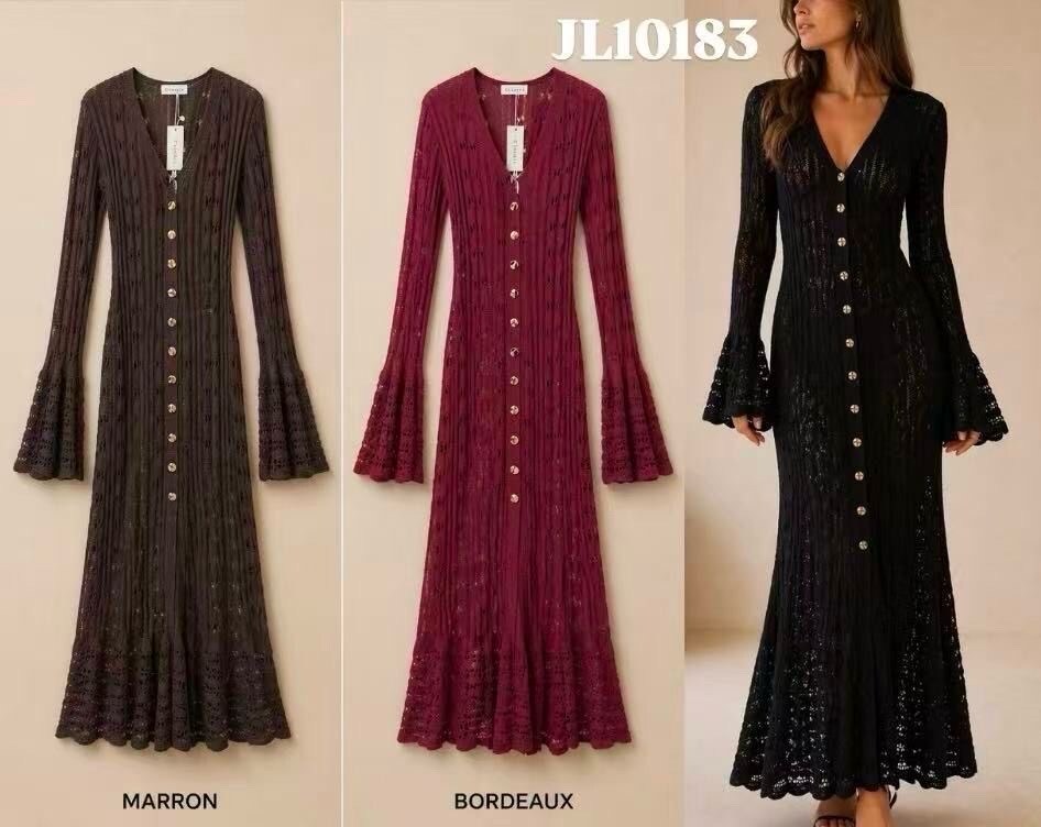 Großhändler Giorgia - Tailliertes Häkelstrickkleid mit V-Ausschnitt
