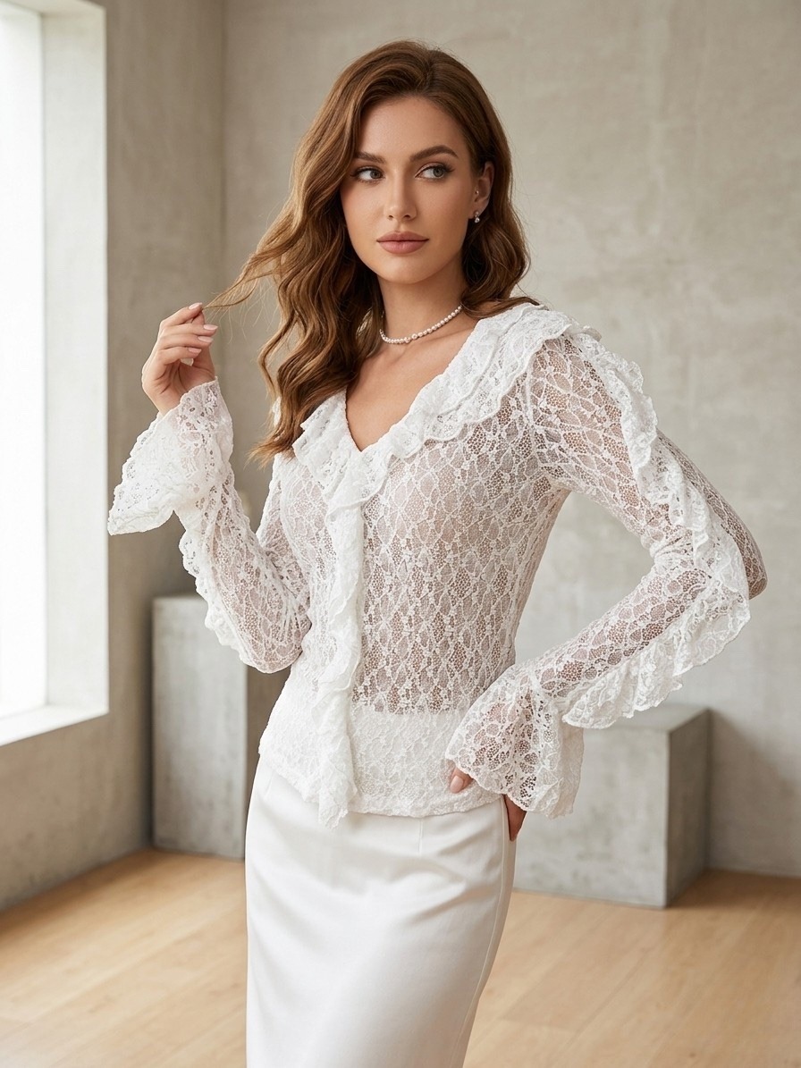 Mayorista Giorgia - Blusa Giorgia de Encaje Blanco con Volantes