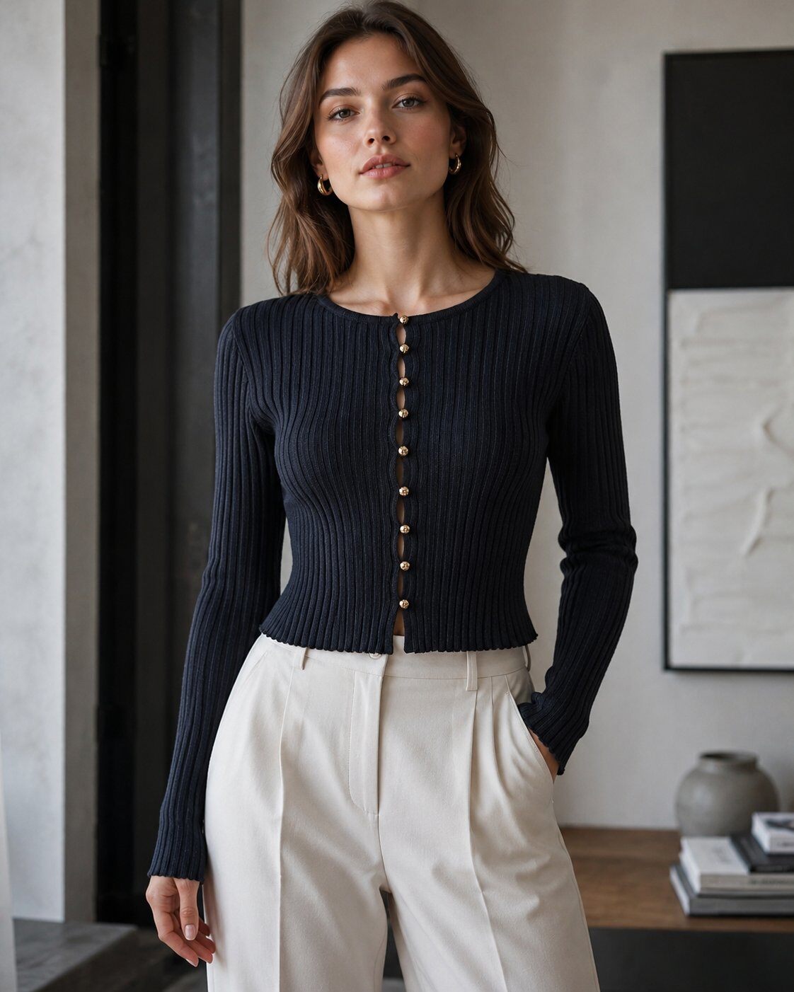 Grossista Giorgia - Cardigan a Coste con Bottoni Dorati - Maglione Chic e Aderente da Donna