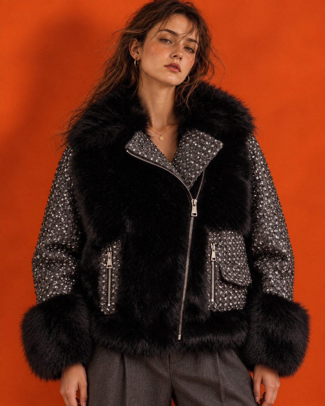 Wholesaler Giorgia - Sparkling cropped jacket with faux fur panels