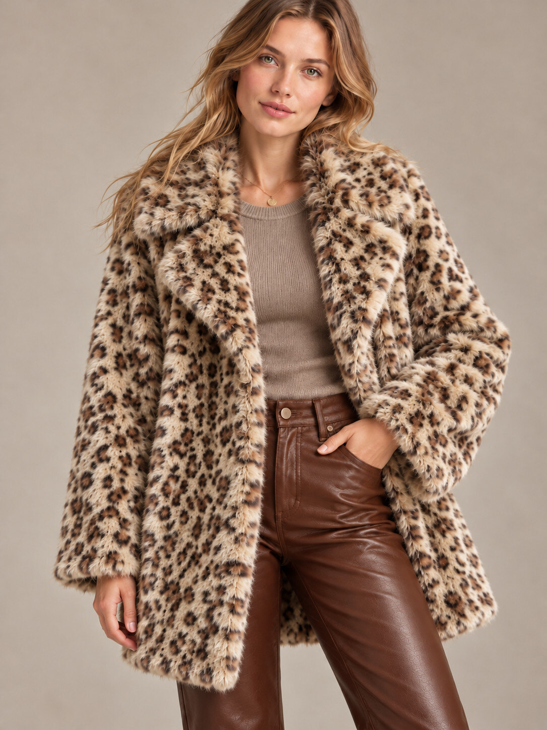 Grossiste Giorgia - Manteau mi-long fausse fourrure léopard
