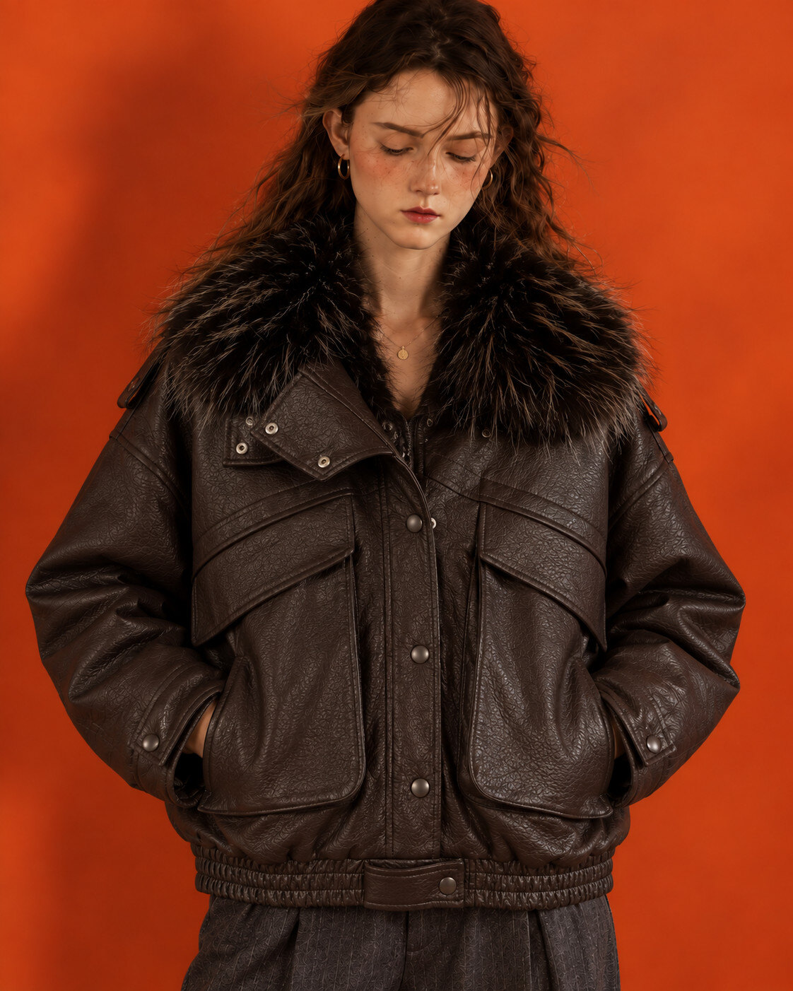 Grossiste Giorgia - Veste bomber oversize en similicuir à col fourrure