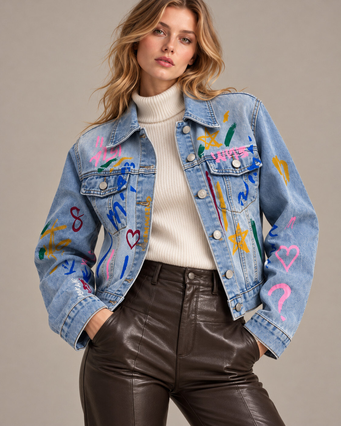 Grossiste Giorgia - Veste en jean courte imprimés graffitis colorés