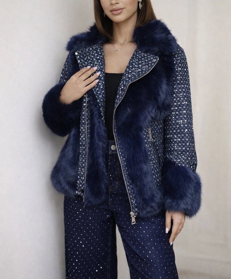 Grossiste Giorgia - Veste zippée pailletée avec col et fausse fourrure