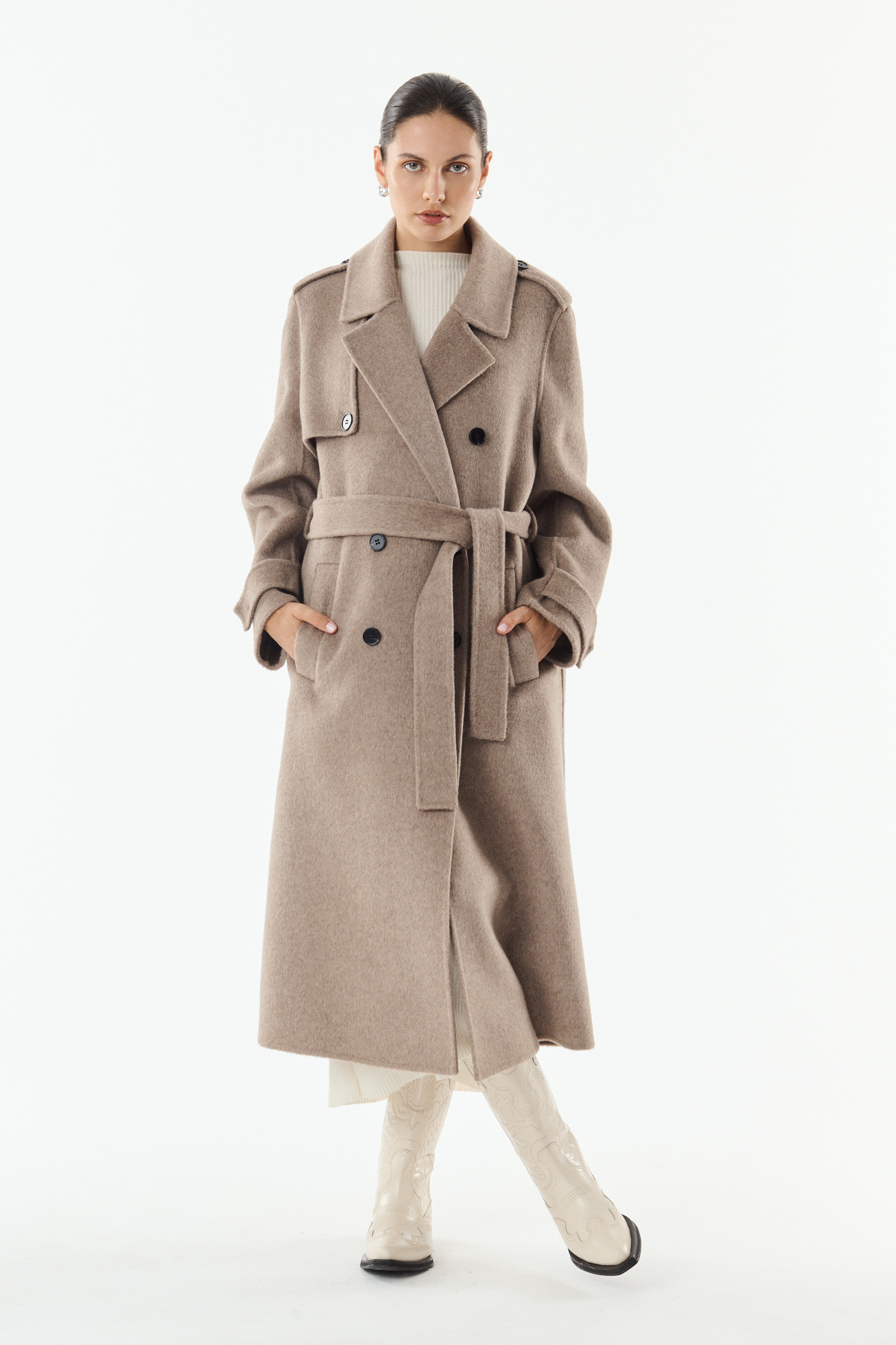 Wholesaler Giovanni Paris - Long wool trench-style coat, double-breasted button closure, adjustable buckle cuffs
