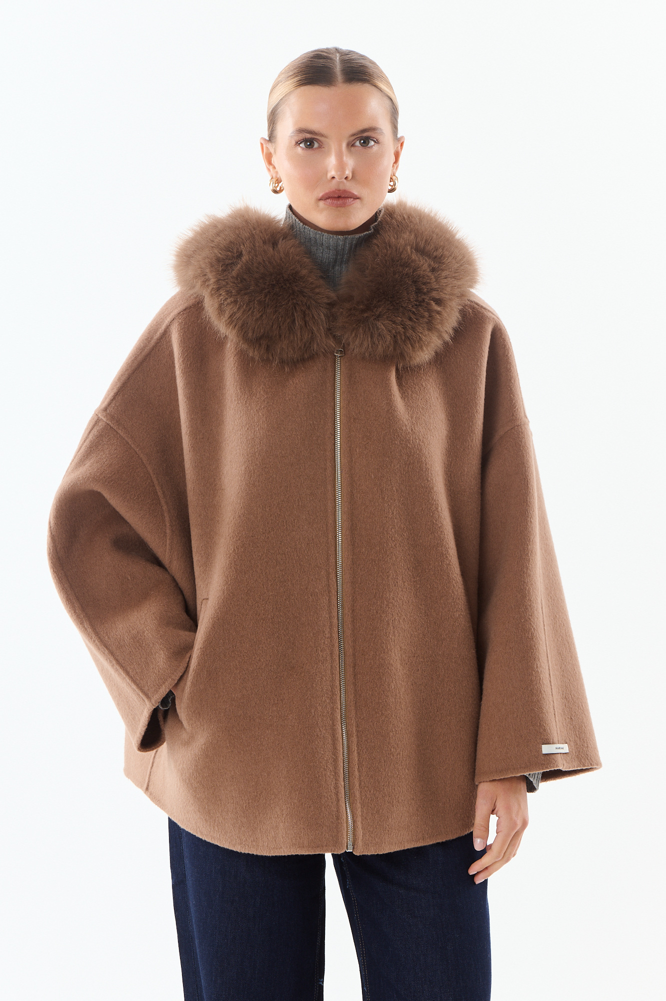 Großhändler Giovanni Paris - Wollmantel mit Kapuze, großer Kunstfellkragen, gerade Oversize-Passform