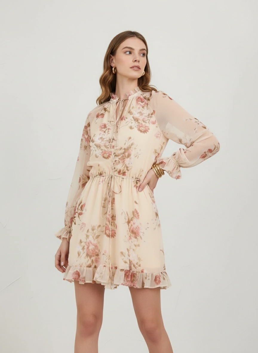 Wholesaler Giovanni Paris - PASTEL PINK LONG-SLEEVE DRESS WITH FLORAL PATTERNS, TIE NECKLINE, ELASTIC WAIST, AND SLIM BELT