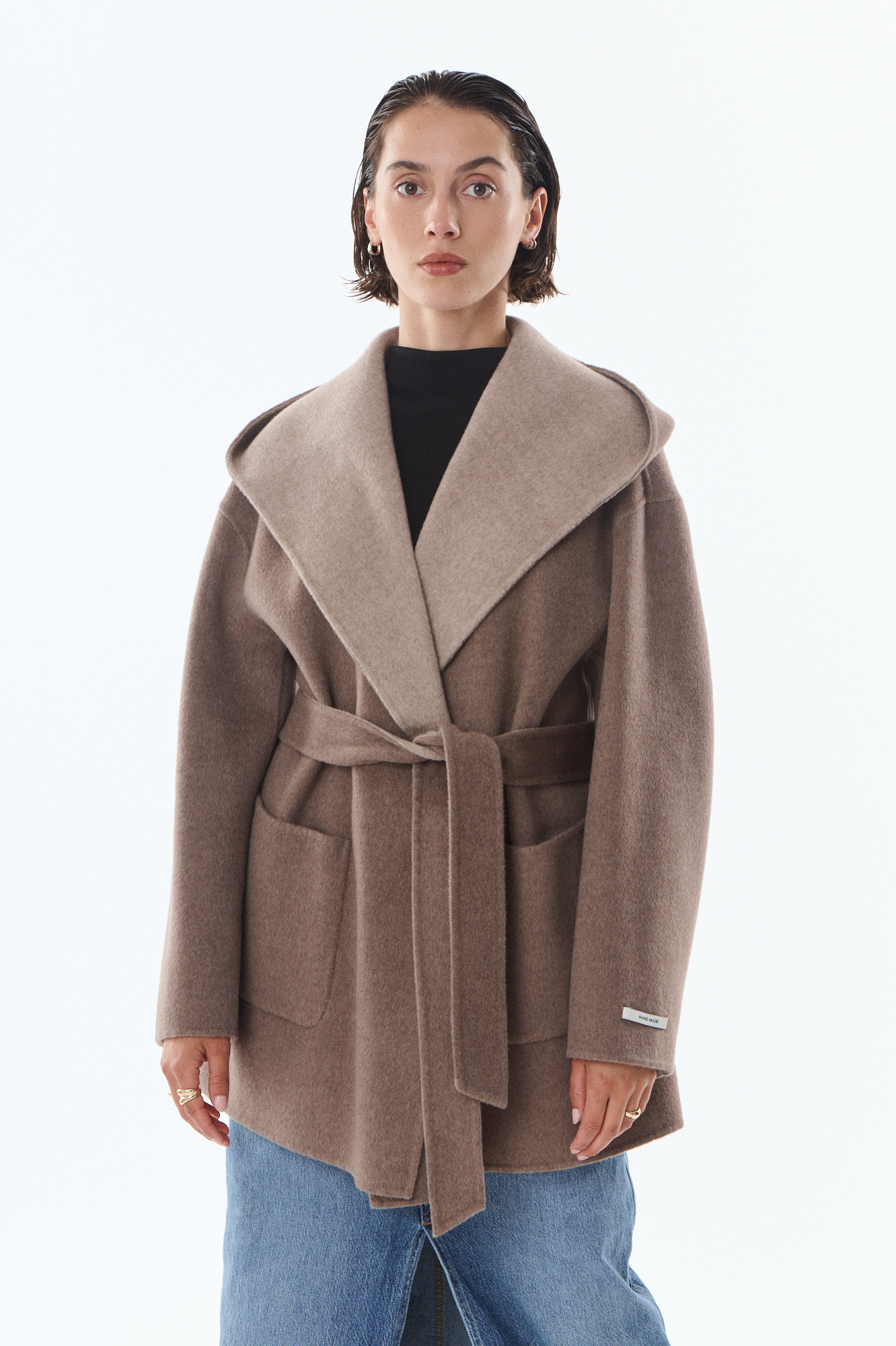 Wholesaler Giovanni Paris - Cashmere and wool blend jacket, featuring a wide shawl-style collar, hood, and waist belt