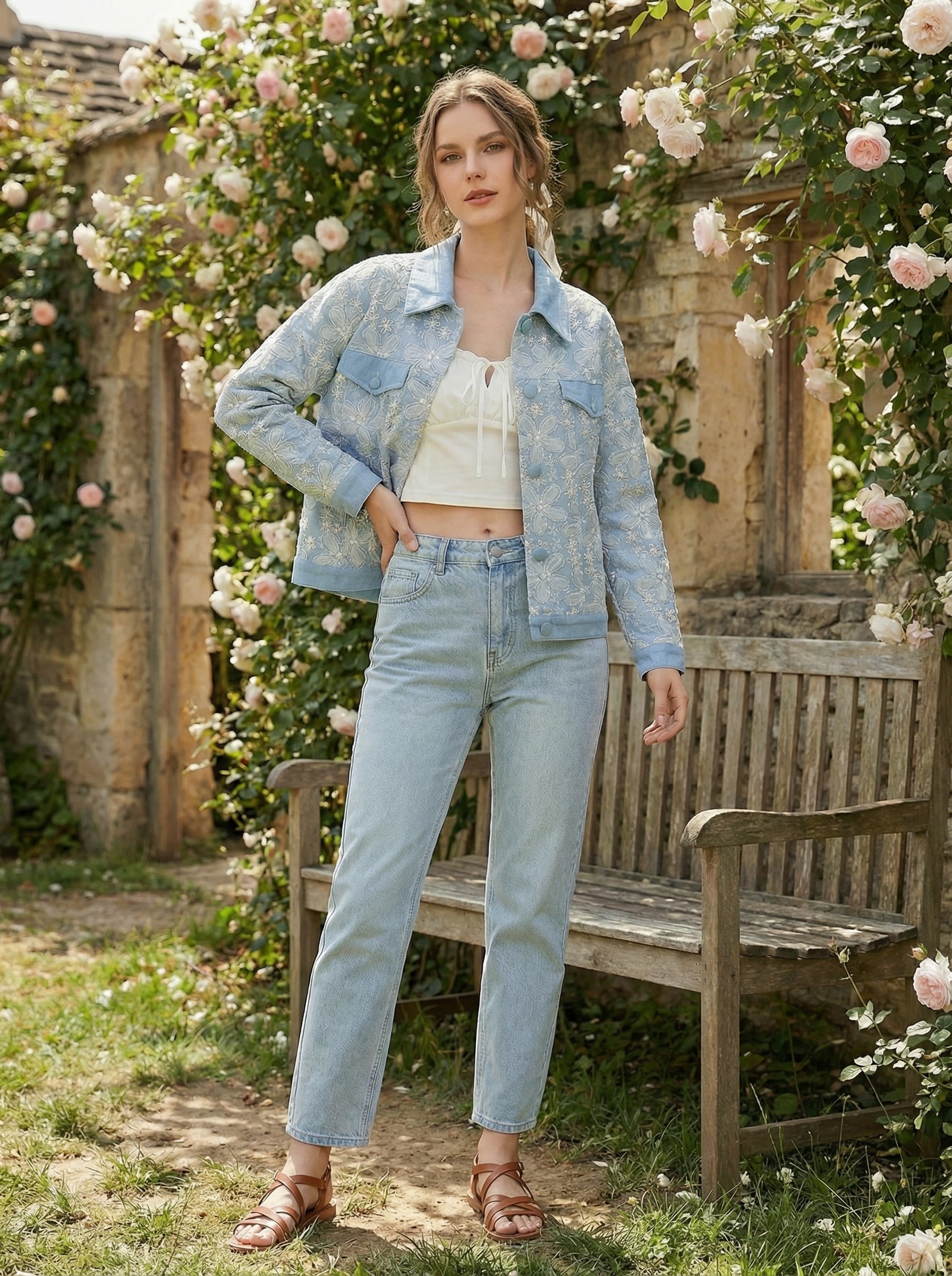 Wholesaler Giovanni Paris - DENIM-LOOK JACKET WITH FLORAL EMBROIDERED PATCHES, EMBROIDERY AND SEQUINS