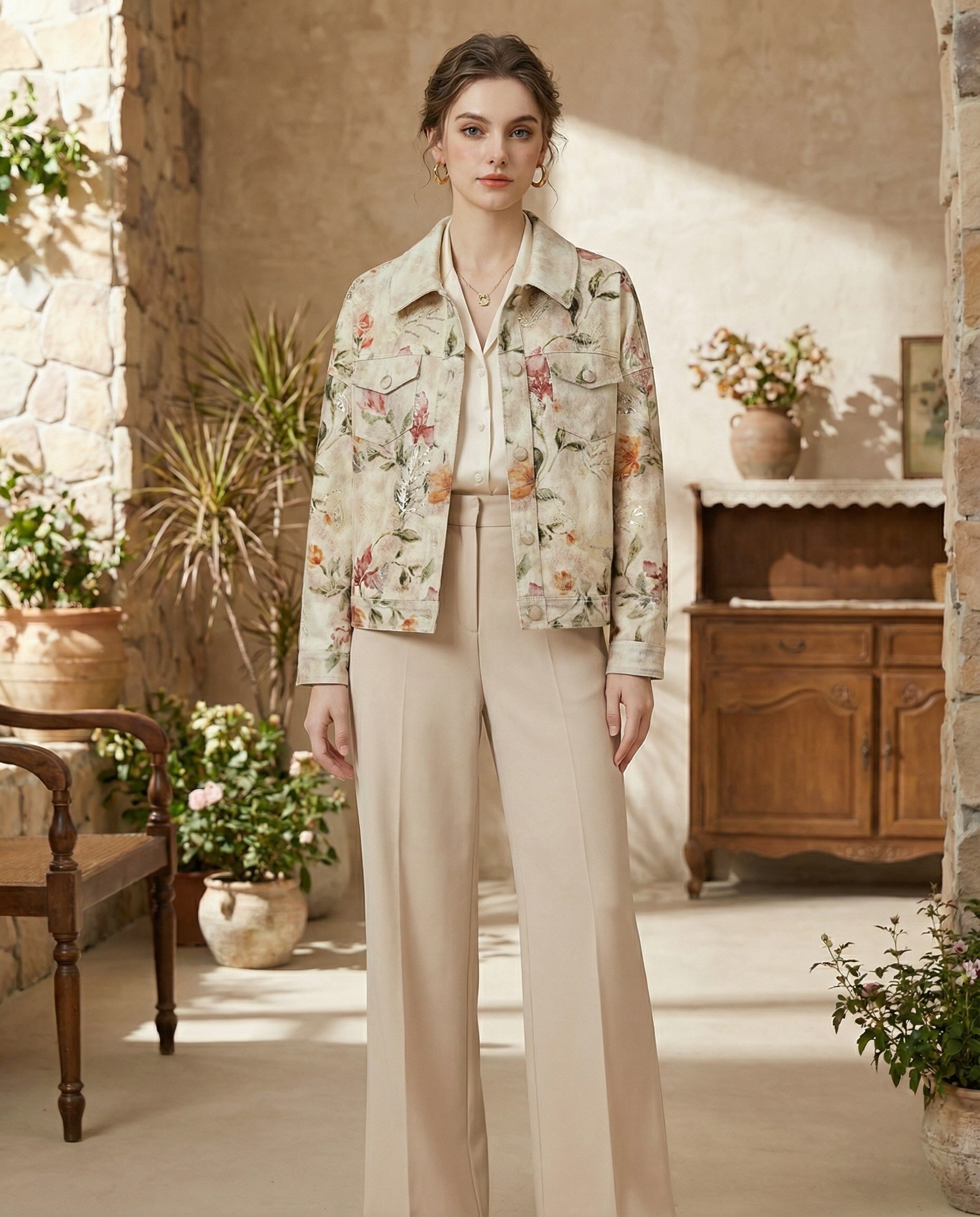 Wholesaler Giovanni Paris - COTTON JACKET WITH FLORAL PRINT, EMBROIDERY AND SEQUINS