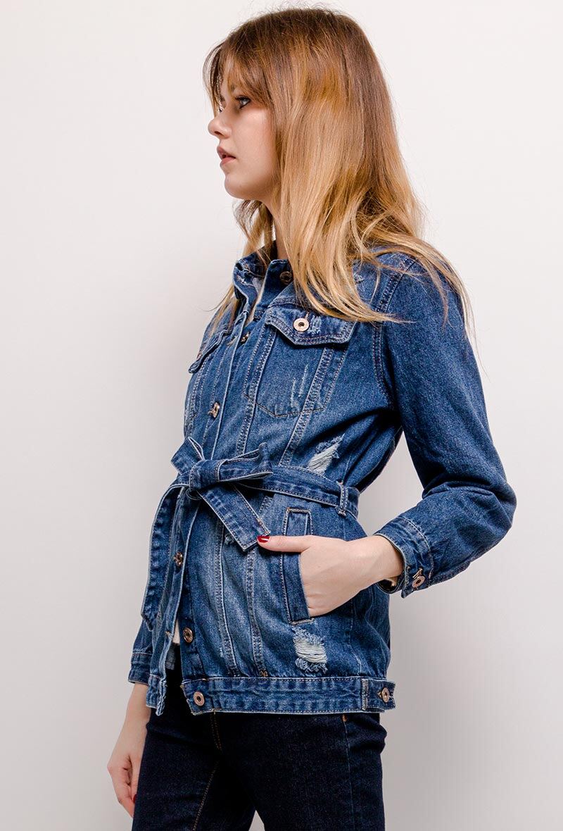 Grossiste Girl Vivi - Veste en jean déchirée avec ceinture