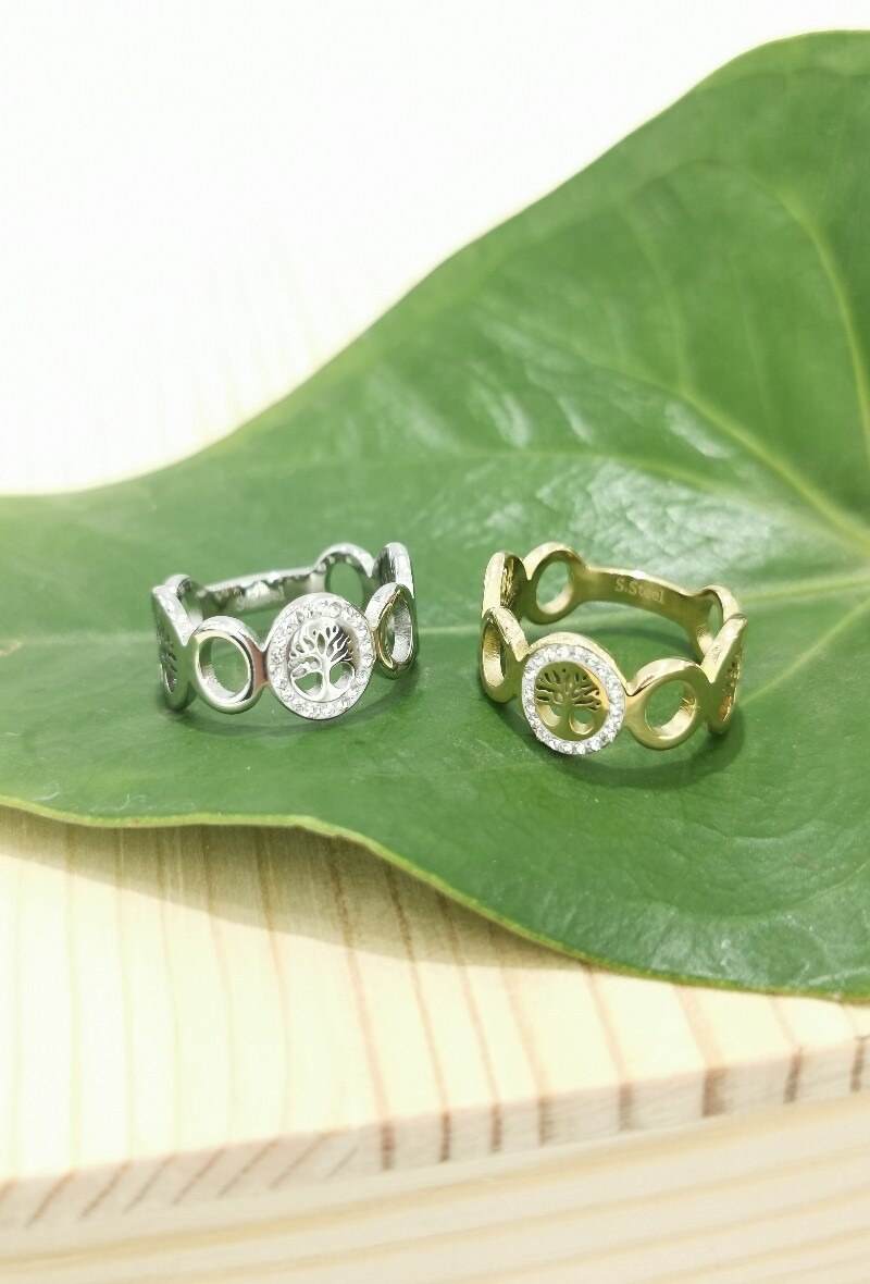 Wholesaler Glam Chic - Tree of life ring with rhinestones in stainless steel