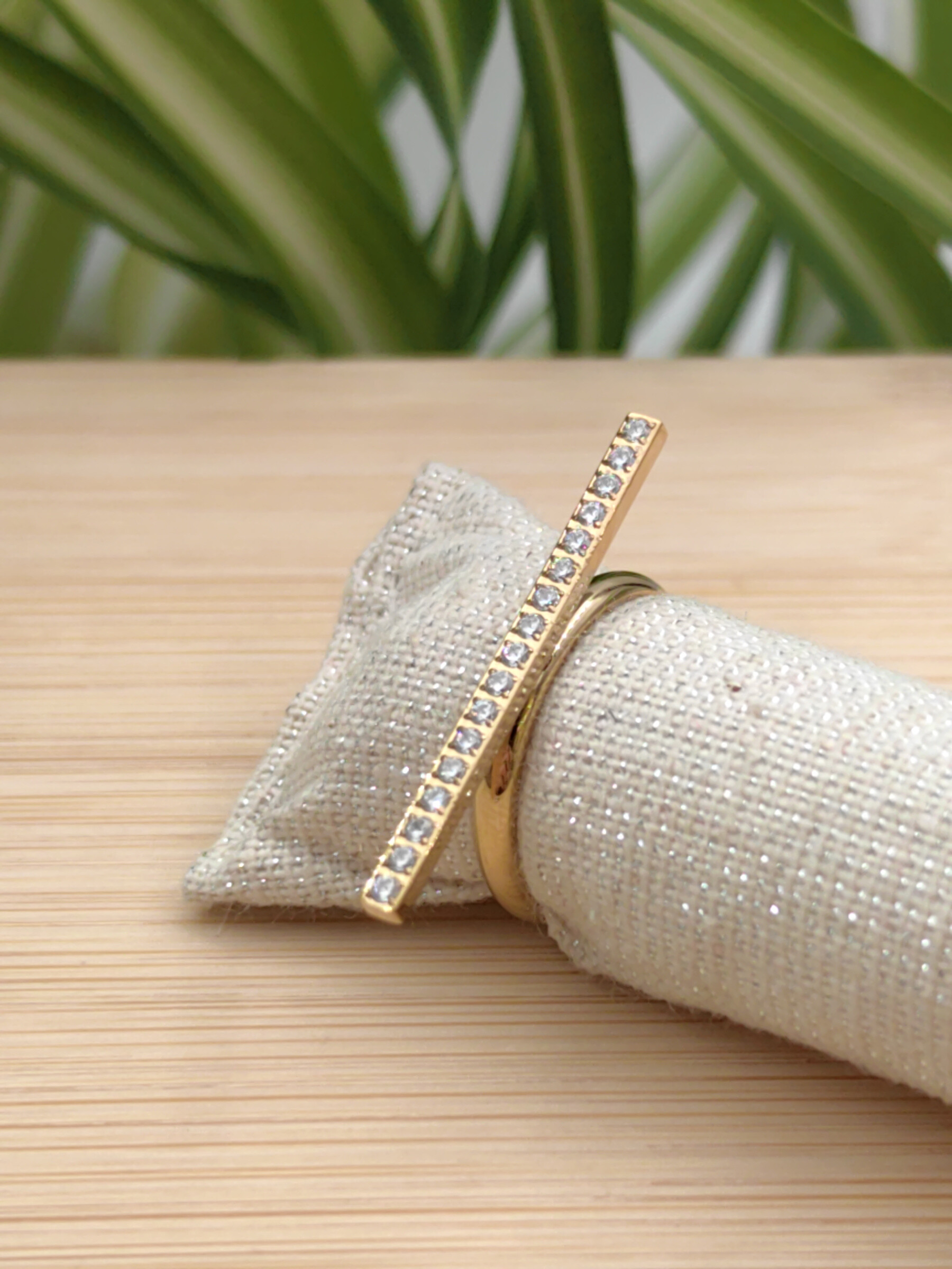Großhändler Glam Chic - Verstellbarer Ring mit horizontaler Stange und Strasssteinen aus Edelstahl