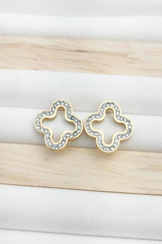 Grossiste Glam Chic - Boucle d'oreille trèfle strass en acier inoxydable