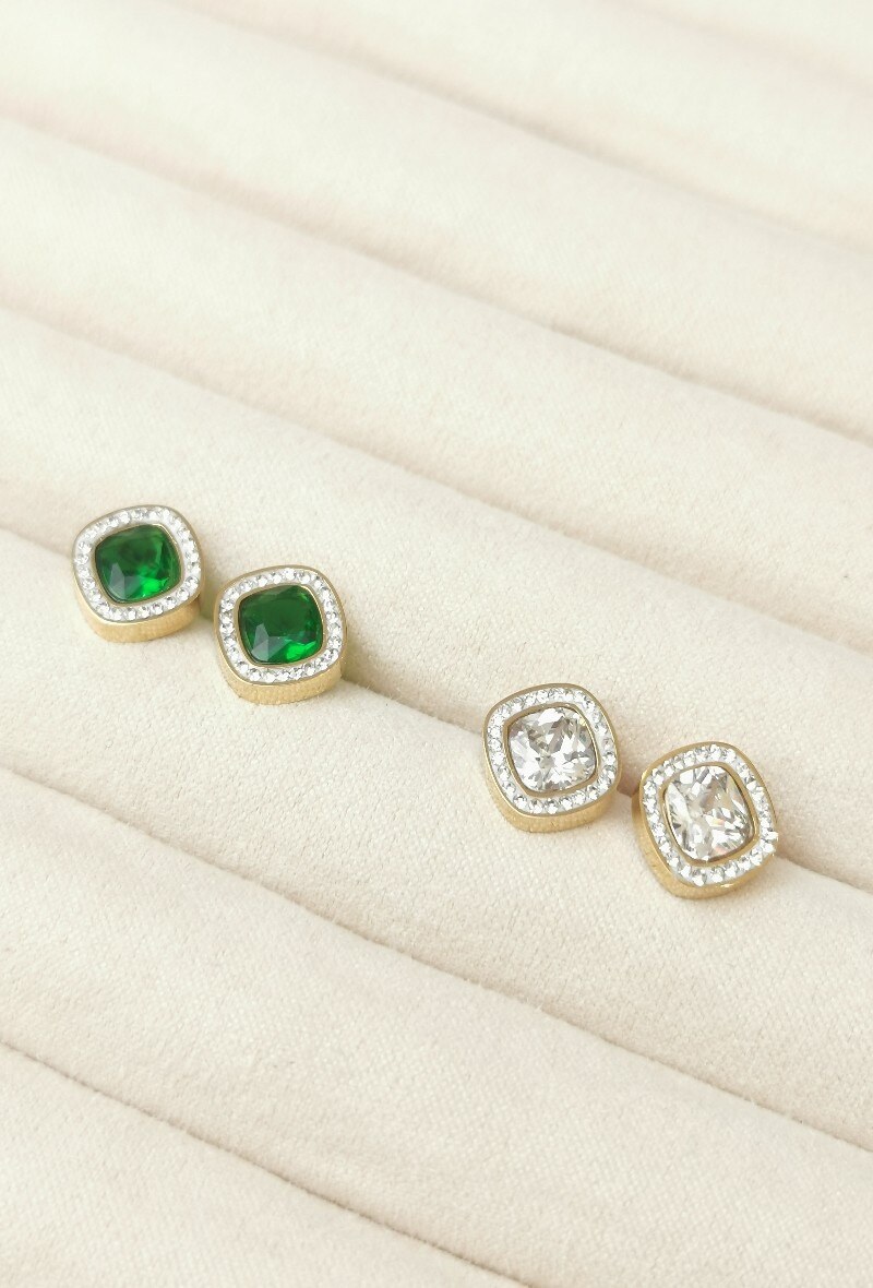 Grossiste Glam Chic - Boucle d'oreille Carré avec pierre cristale et strass en acier inoxydable