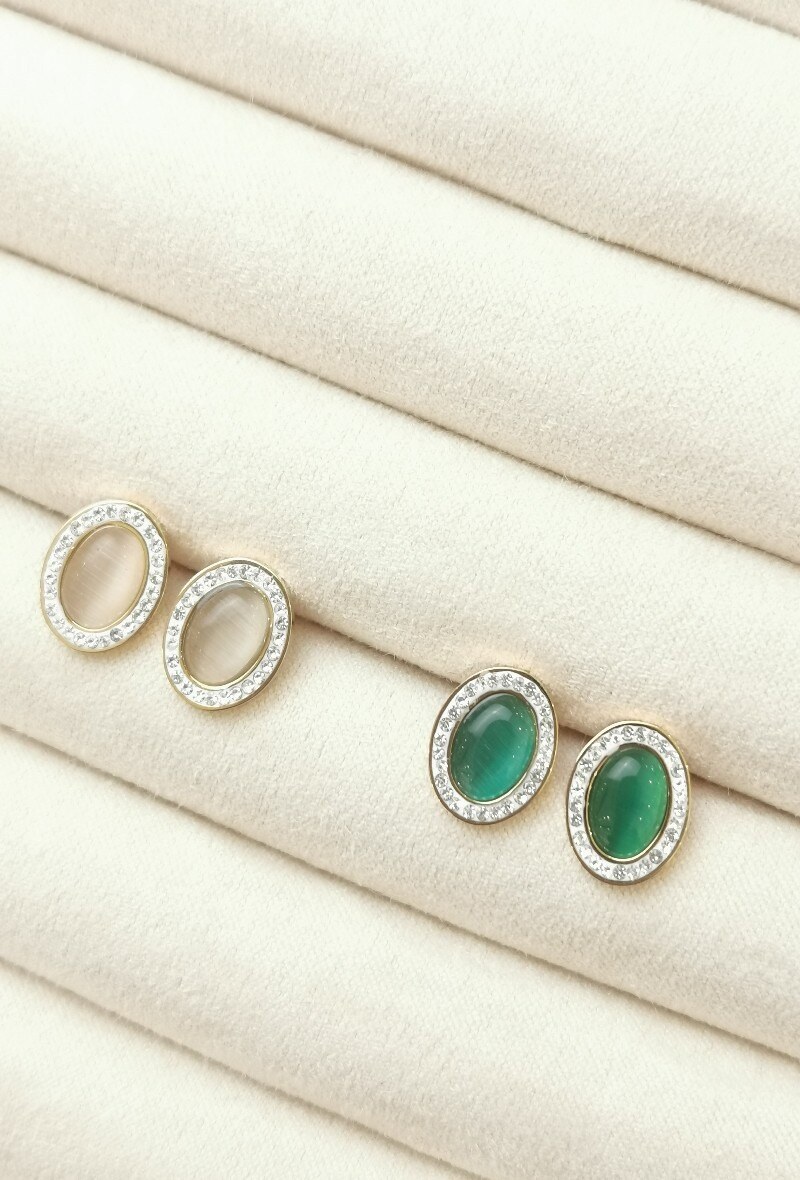 Grossiste Glam Chic - Boucle d'oreille Ovale avec pierre et strass en acier inoxydable